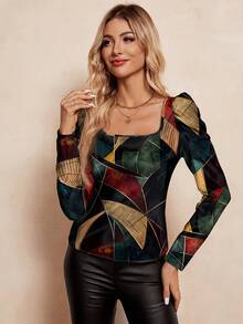 SHEIN Clasi Asymmetrical Pattern Retro Print Square Neck Puff Sleeve Top,,Halloween, Christmas - Multicolor - View 5