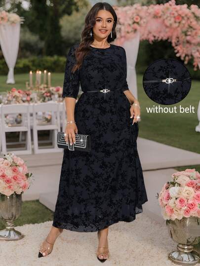 SHEIN Clasi Women's Flocked Floral Dress, Suitable For New Year, Valentine's Day, Thanksgiving, Christmas, Easter, Gala, New Year's Eve, Christmas Party, Christmas Decoration, Christmas Loungewear, Holiday, Discount, Valentine's, Love, Kisses, Rose