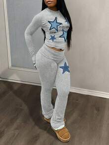 Slaydiva 2025秋装女装/冬装女装/两件套女装/喇叭牛仔裤/长袖上衣/休闲圆领长袖瑜伽裤短款褶皱上衣瑜伽阔腿裤喇叭裤长裤女式两件套西装/Y2k服装/街头服饰/外出上衣女装/复古仿牛仔面料五角星图案 - 淺灰色 - 查看 1