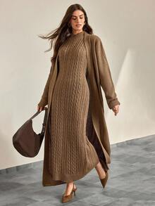 CLARA VERO Women Solid Color Textured Mock Neck Maxi Sweater Dress & Open Front Maxi Cardigan 2pcs Set - Camel - View 5
