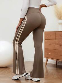 SHEIN Maternity Yoga Pants With Belly Support, Fitted With Elastic Waistband And Side Straps - Brown - View 2