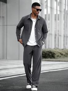 Manfinity CasualCool Dark Grey,Autumn,Streetwear,City Break Men's 2 Pieces Corduroy Jacket Set,Casual Leisure Suit Co Ord Joggers Outfit, Fall Clothes For Men - Grey - View 1