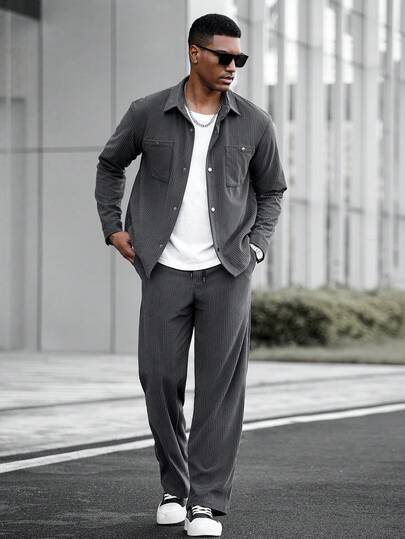 Manfinity CasualCool 成熟休闲灯芯绒灰色男士夹克套装，两件套休闲男士休闲西装，灰色运动裤套装，秋季男装