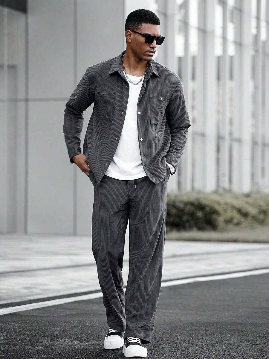 Manfinity CasualCool Dark Grey,Autumn,Streetwear,City Break Men's 2 Pieces Corduroy Jacket Set,Casual Leisure Suit Co Ord Joggers Outfit, Fall Clothes For Men - Grey - View 1
