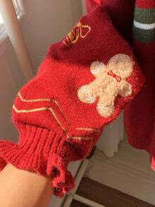 Comfortcana 女式圣诞拼色条纹蝴蝶结装饰毛衣圣诞礼物图案秋冬女装 - 酒紅色 - 查看 6