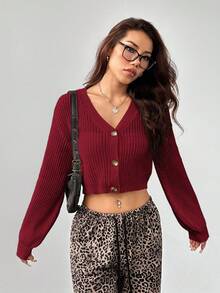 SHEIN PETITE Women's Solid Color Lantern Sleeve Button Front Rib Knit Cardigan, In Fall/Winter Cardigan Cropped Crop Top Sweater Knit Tops Christmas For Women New Year Autumn/Winter - Burgundy - View 3