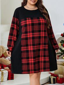 SHEIN CURVE+ Sukienka w kratę i patchwork w dużym rozmiarze, czerwona, casualowa, świąteczna sukienka dla kobiet - Wielokolorowe - Zobacz 5
