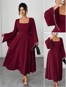 Elenzga Christmas Elegant Vintage French Style Square Collar Asymmetrical Flare Sleeve Pearl Color Block Dress, Fashionable For Autumn/Winter - Red - View 1