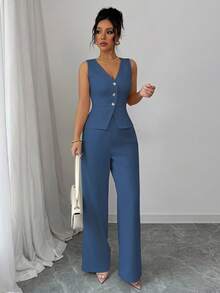 Elenzga Women Elegant Sleeveless Blazer Vest And Suit Pants Set, Business Commuter Style, Summer - Dark Wash - View 6