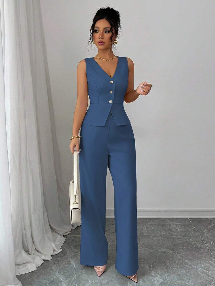 Elenzga Conjunto de mujer de blazer sin mangas elegante, chaleco y pantalón de traje, estilo de negocios/oficina, para el verano - Azul lavado oscuro - Añade 6