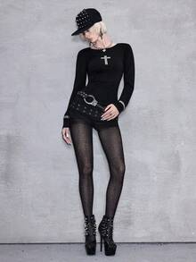 ROMWE Avant Y2K Punk Kreuz Nieten Design Figurbetontes Langarm Einfarbiges Vielseitiges Damen Kpop T-Shirt - Schwarz - Übersicht 8