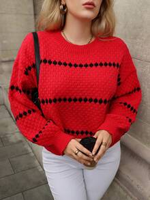 EMERY ROSE Christmas 1pc Women Plus Size Round Neck Contrast Stripe Casual Fashion Drop Shoulder Lantern Sleeve Pullover Sweater - Multicolor - View 4