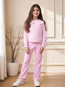 女童彼得潘领荷叶边长袖运动衫和松紧腰裤休闲校园淑女装 - 粉色 - 查看 3