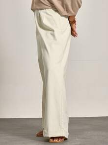 MUSERA 加厚牛仔褶裥细节阔腿卷边牛仔裤，冬季，酷女孩，舒适，日常穿着 - 白色 - 查看 3