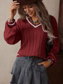 LanaWest Casual Contrast Color Trim Raglan Sweater, Autumn/Winter - Redwood - View 7