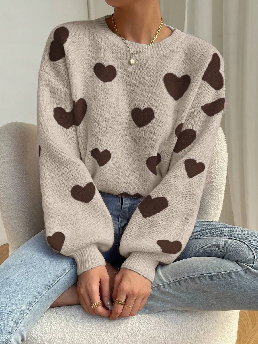 EMERY ROSE Heart Pattern Dropped Shoulder Sweater, Casual For Autumn/Winter