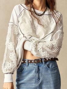 Bohemela Áo nỉ dệt kim chắp vá cổ tròn tay dài rộng rãi giặt sạch dành cho nữ - trắng - Xem 1