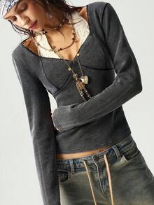 Bohemela Women's Casual Solid Color Knit Sweetheart Neck Long Sleeve Fitted Washed T-Shirt - Black - View 5