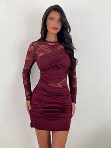 Aloruh Women's Autumn/Winter New Arrival Mini Dress, Long Sleeve Dress, Wine Red Lace Patchwork Vintage Romantic Sexy Elegant Lady Dress Long Sleeve Elegant Dress See Through Dress Wine Dress Mesh Dress Fall Clothes For Women Winter Clothes For Women Autumn Clothes Autumn Outfits For Women Fall Clothes Fall Outfits For Women Party/Nightclub/Y2K Outfit Burgundy Dress Dark Red Dress Red Wine Dress,Wedding Guest Dress Women