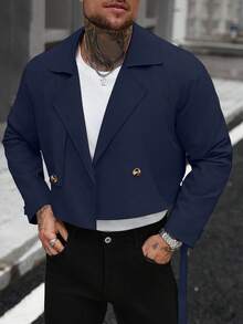 Manfinity Homme 男士前扣长袖口袋简约休闲风衣，外穿法兰绒短款风衣，适合送给朋友、老公、男朋友的礼物 - 藏蓝色 - 查看 3