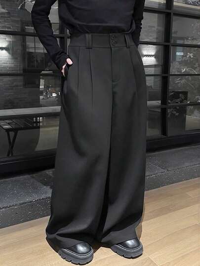 Claim Dot 男士高腰裤，双腰带环设计，宽松裤男士百慕大短裤正装裤宽松时尚百搭直筒裤，送给男朋友或丈夫的绝佳礼物黑色裤子宽松黑色裤子高腰裤阔腿裤黑色正装裤