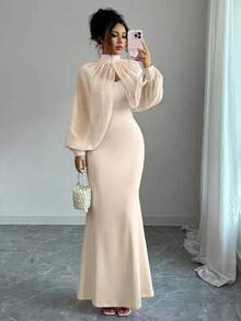 Elenzga Váy dạ hội quyến rũ trưởng thành mới, trang trọng và dịu dàng, màu hồng mơ mộng, áo dài tay đính hạt thủ công, bộ váy liền thân ôm sát có viền đuôi cá duyên dáng - Màu be - Xem 4