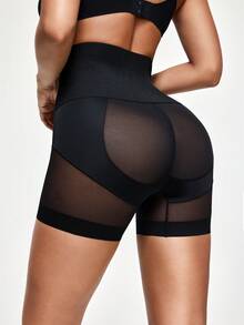 SHAPORA 女式高腰网眼拼布塑身短裤 - 黑色 - 查看 1