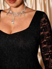 Cravure Plus Size Elegant Party Solid Color Lace Bodycon Dress Halloween - Black - View 4