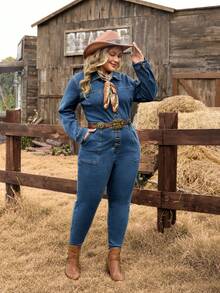 EMERY ROSE Bộ đồ liền thân denim co giãn phong cách phương Tây cổ điển cỡ lớn dành cho nữ - Rửa tối - Xem 4