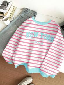 SHEIN Leap Crew 多巴胺条纹，青少年女孩休闲简约“纽约”字母宽松圆领舒适长袖运动衫，适合秋冬季，秋季服装，轻松舒适，女孩秋季分层，时尚儿童，休闲装，儿童图案运动衫，返校，秋装，返校节 - 彩色 - 查看 3