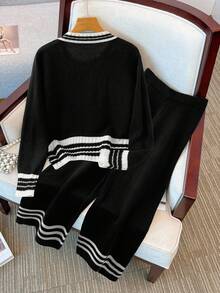 GlowEve 女士条纹长袖针织开衫和针织裤休闲两件套，秋冬 - 黑與白 - 查看 2