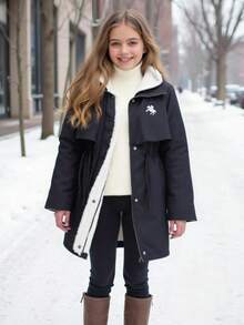 SHEIN Áo khoác parka thêu có mũ trùm đầu cho bé gái tuổi teen, có lớp lót giữ nhiệt, áo khoác mùa thu/đông cho bé gái, áo khoác có mũ trùm đầu màu đen cho bé gái, áo khoác lót lông cừu màu đen cho bé gái, áo khoác có mũ trùm đầu cho bé gái, áo khoác lông cừu thời trang có khóa kéo cho bé gái, áo khoác lông cừu cho bé gái, áo khoác Sherpa cho bé gái màu đen - màu đen - Xem 11