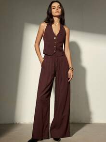 Aveloria Modichic Halter Neck Tie Bow Backless Design Loose Flowy Waist Elastic Waist Wide Leg Pants 2 Pieces Set - Chocolate Brown - View 3