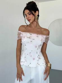 Firerie Women's Elegant Romantic Delicate New Fashion Vacation Date Off Shoulder Floral Embroidery Mesh Cinched Waist X-Shaped Pink Blouse Top - Pink - View 3