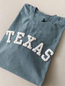 SHEIN TEXAS 图案印花舒适彩色圆领短袖 T 恤，男女通用 - 霧霾藍 - 查看 3