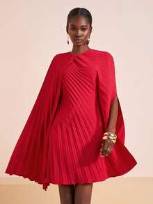 Zivah 2025 Autumn/Winter & Summer New Arrival Music Festival, Easter, St. Patrick's Day, Western, Nomadic, Birthday Party, Graduation, College Style, Student, Daily Wear, All-Match Versatile, Casual, Vacation, Cruise Travel, Beach, Sunbathing, Viral , Streetwear, Beach Vacation/Party/Date, Pleated Material Red Cape-Style Women Short Dress - Red - View 3