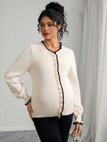 Momance Femmes Ample Ajustement Col V Contraste Couleur Volant Lanterne Manche Faux Bouton Design Décontracté Maternité Tricot pull, Automne/Hiver