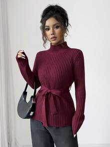 SHEIN Elenzya 冬季中长款高领针织毛衣，收腰设计 - 酒紅色 - 查看 1