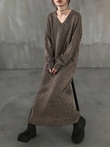 FRIFUL 女式棕色纯色 V 领落肩长袖直筒长款毛衣裙，秋冬休闲外套连衣裙