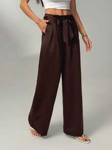 SHEIN Tall 女式休闲百搭纯色直筒正装裤 - 棕色 - 查看 10