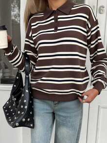 Livesso Women's Autumn Retro Striped Turtleneck Sweater - Coffee Brown - View 5