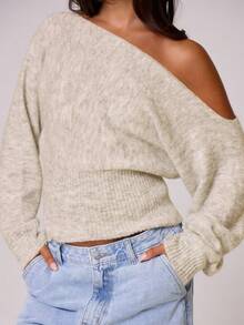 MUSERA 蓬松针织单肩收腰马海毛上衣，复古、可爱、乡村、田园风、奶油糖色晚宴派对优雅冬春毛衣情人节 - 奶油色 - 查看 2