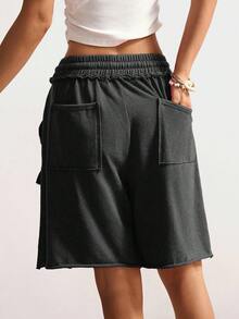 Bohemela Women's Casual Drawstring Waist Cargo Pocket Loose Shorts - Black - View 6