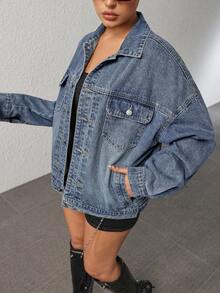 Rivivi 休闲水洗落肩宽松牛仔夹克，秋季 - 中等水洗藍 - 查看 6