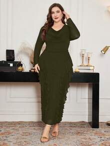 Modelyn Plus Size Elastic Mesh Scoop Neck Ruffle Hem Bodycon Elegant Dress, Spring/Summer - Army Green - View 6
