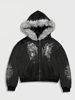 ROMWE MEN Goth Felpa con cappuccio alla moda e gotica con bordo in pelliccia, adatta per autunno/inverno, con maniche lunghe, per uomo