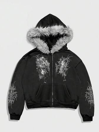 Goth Sudadera con capucha y cuello de piel para hombre, otoño/invierno