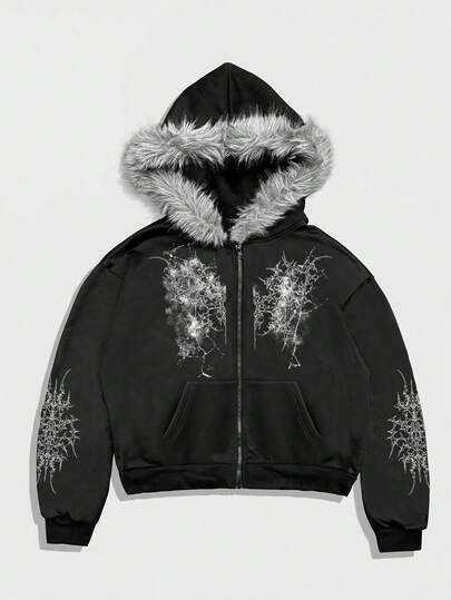 Goth Sudadera con capucha y cuello de piel para hombre, otoño/invierno