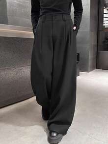 Claim Dot 男士高腰裤，双腰带环设计，宽松裤男士百慕大短裤正装裤宽松时尚百搭直筒裤，送给男朋友或丈夫的绝佳礼物黑色裤子宽松黑色裤子高腰裤阔腿裤黑色正装裤 - 黑色 - 查看 3