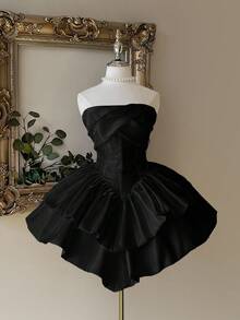 Lovelzi 优雅、奢华、高贵的白色缎面露肩收腰双层蛋糕裙，适合单身派对、婚礼、毕业典礼、度假、正式舞会 - 黑色 - 查看 4